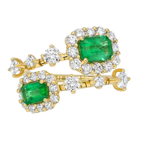 Vertical 18K Yellow Gold and Titanium with Diamond and Emerald Bypass Ring