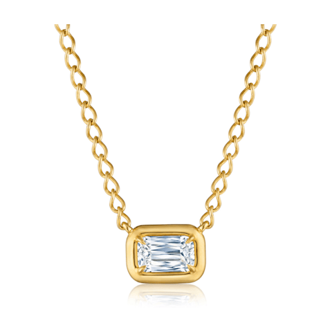 Vertical 18K Yellow Gold Ashoka Diamond Bezel Set Solitaire Pendant Necklace