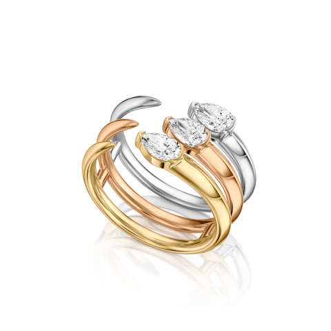 Vertical 18K Yellow, White and Rose Gold Diamond 3-Row Bypass Ring