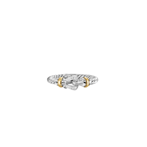 Vertical Petite Buckle Ring in Sterling Silver with 18K Yellow Gold and Diamonds, 2mm