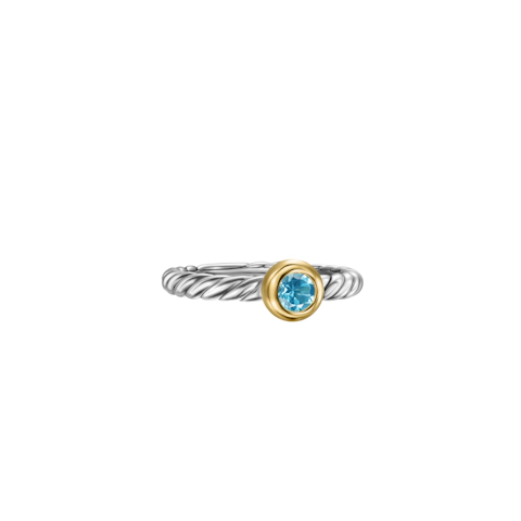 Vertical Petite Cable Ring Sterling Silver with 14K Yellow Gold and Blue Topaz, 2.8mm