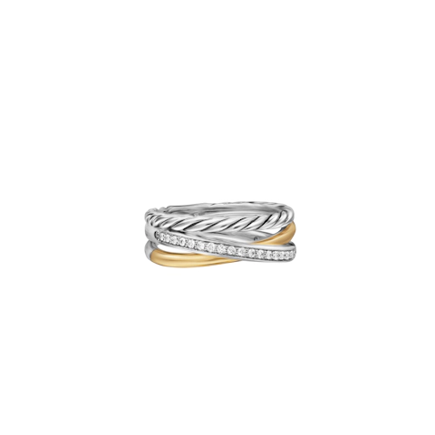 Vertical Crossover Three Row Ring in Sterling Silver with 18K Yellow Gold and Diamonds, 7mm