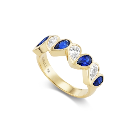 Vertical 18K Yellow Gold Sweetheart Blue Sapphire & Diamond Half Eternity Band