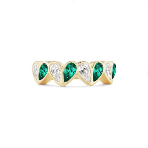 Vertical 18K Yellow Gold Sweetheart Emerald & Diamond Half Eternity Band