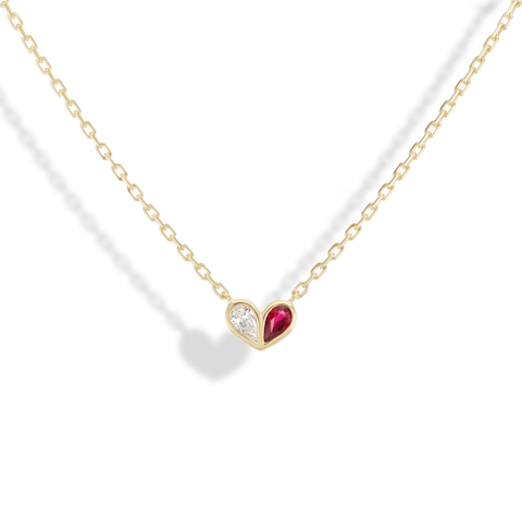 Vertical 18K Yellow Gold Sweetheart Diamond & Ruby Necklace