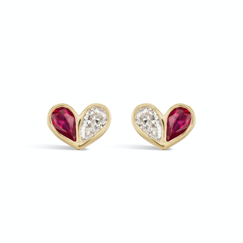 Vertical 18K Yellow Gold Sweetheart Diamond & Ruby Mini Studs