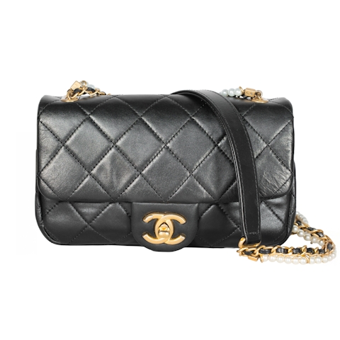 Image #1 Quilted Calfskin Crystal Pearls Chain Flap Small