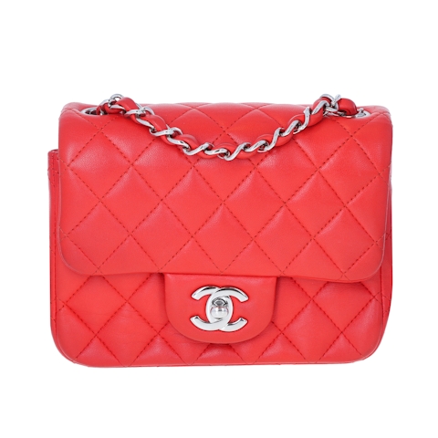 Image #1 Quilted Lambskin Square Classic Single Flap Mini Red