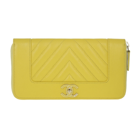 Image #1 Chevron Lambskin Vintage Mademoiselle Zip Wallet Yellow