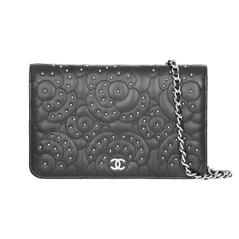 Image #1 Embossed Studded Lambskin Camellia Wallet On Chain Black