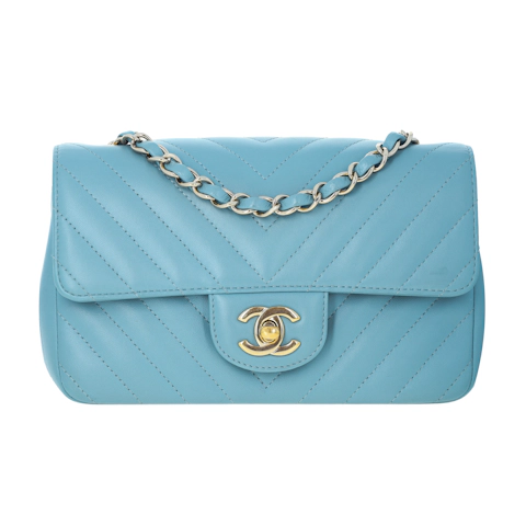 Image #1 Chevron Lambskin Classic Single Flap Mini Blue-Grey