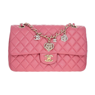 Image #1 Quilted Lambskin Valentine Crystal Hearts Flap Medium Pink