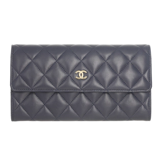 Image #1 Quilted Lambskin Tri-Fold Flap Wallet Navy