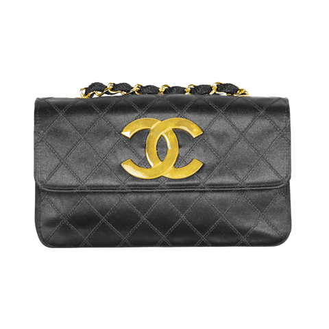 Image #1 Stitched Satin Vintage CC Chain Flap Mini Black