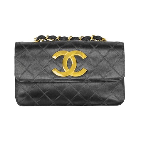 Image #1 Stitched Satin Vintage CC Chain Flap Mini Black